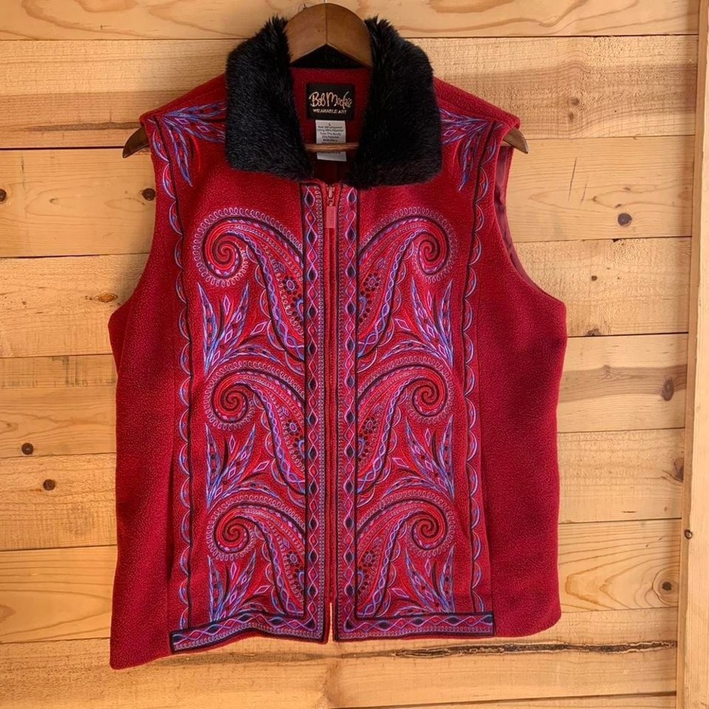 Bob Mackie Fleece Vest Faux Fur Collar Red Western Festival Cozy Embroidered Lg